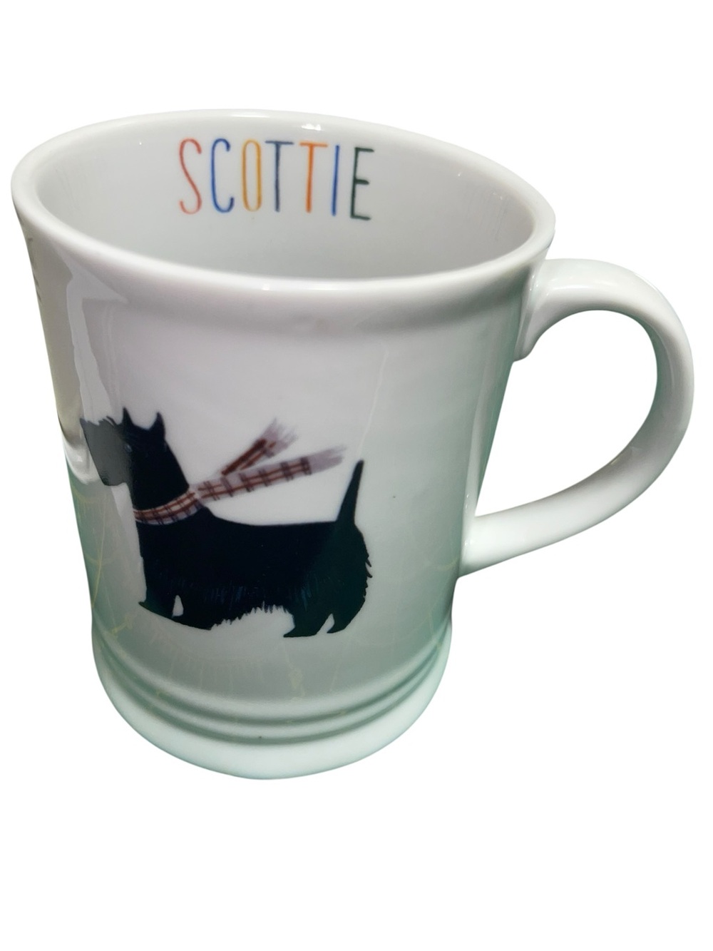 Fringe Studio White Mug with Black Scottie and Multicolor 'SCOTTIE' Text